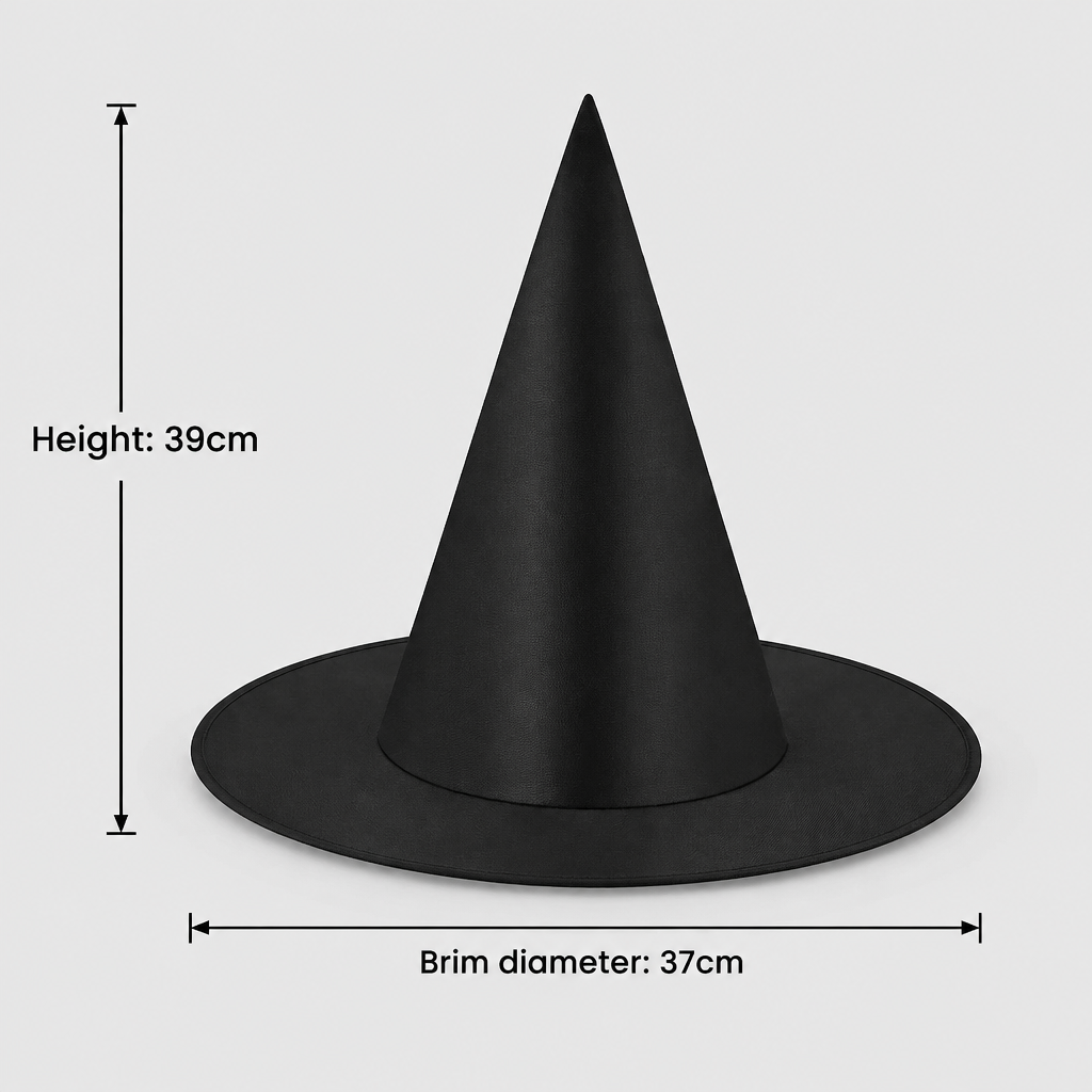 Spookcap classic black witch hat size infographic - 39cm height, 37cm brim diameter