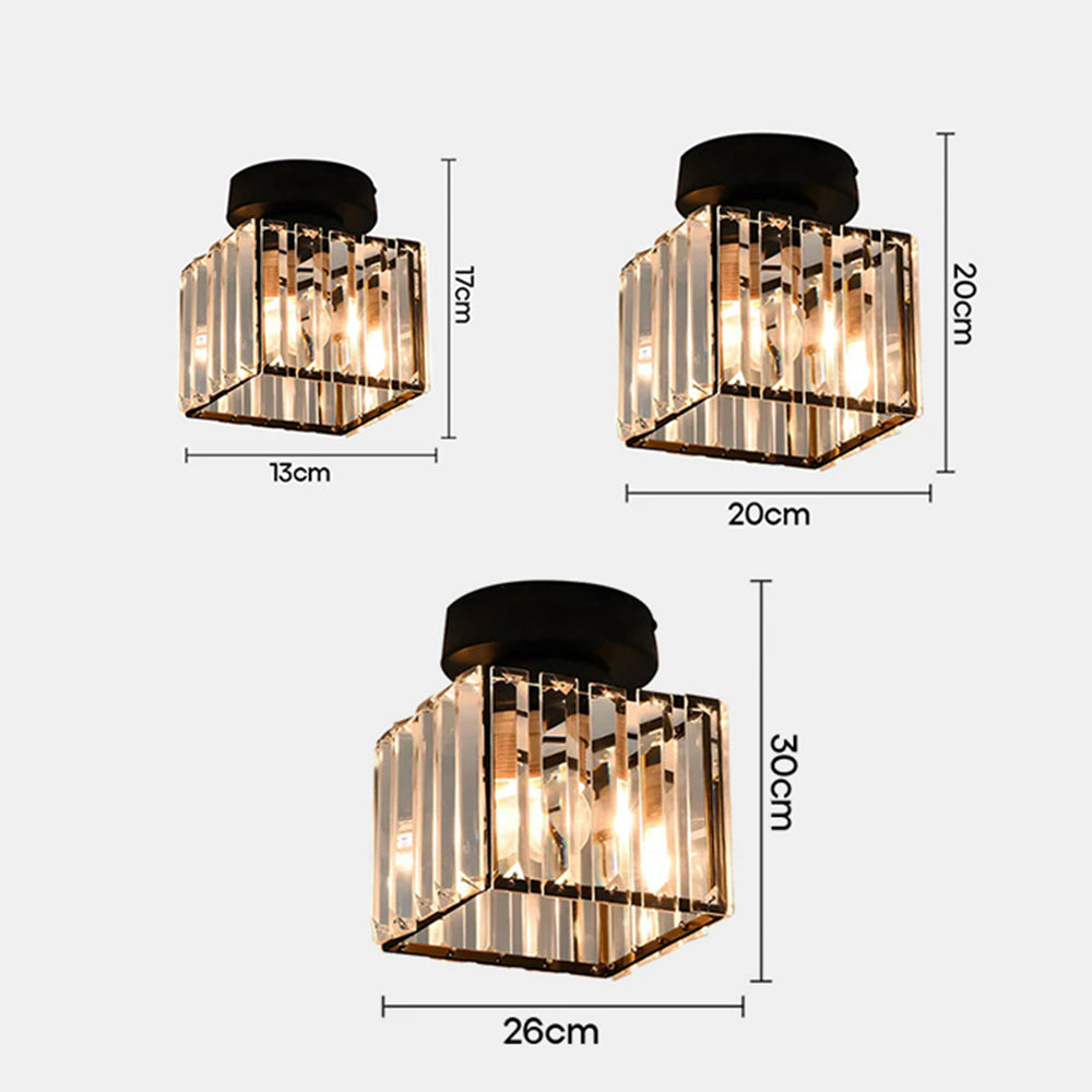 Dimension guide showing the small, medium, and large sizes of the square crystal ceiling light