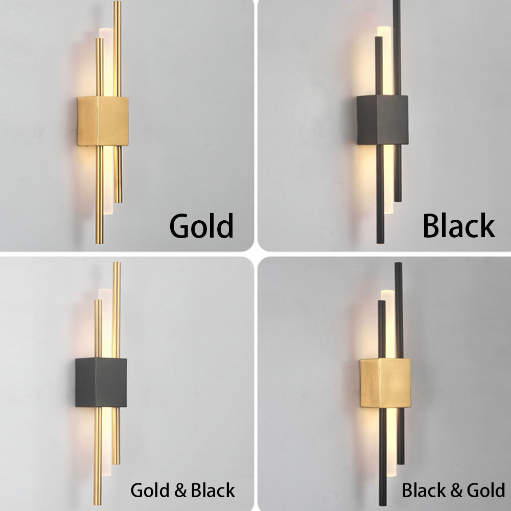 Colour variants of the staggered linear sconce showcasing solid gold, solid black, and two-tone combinations