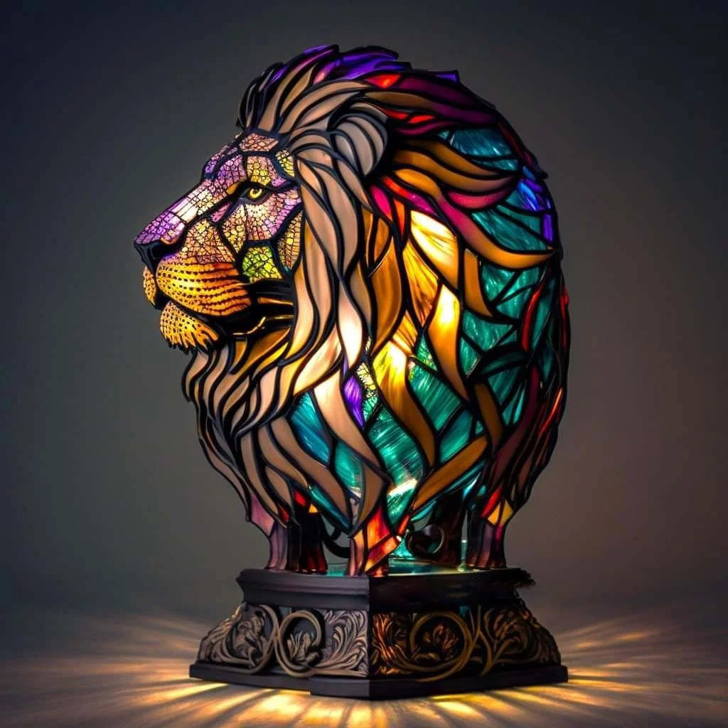 Stained glass effect lion head sculpture casting a brilliant, colourful glow
