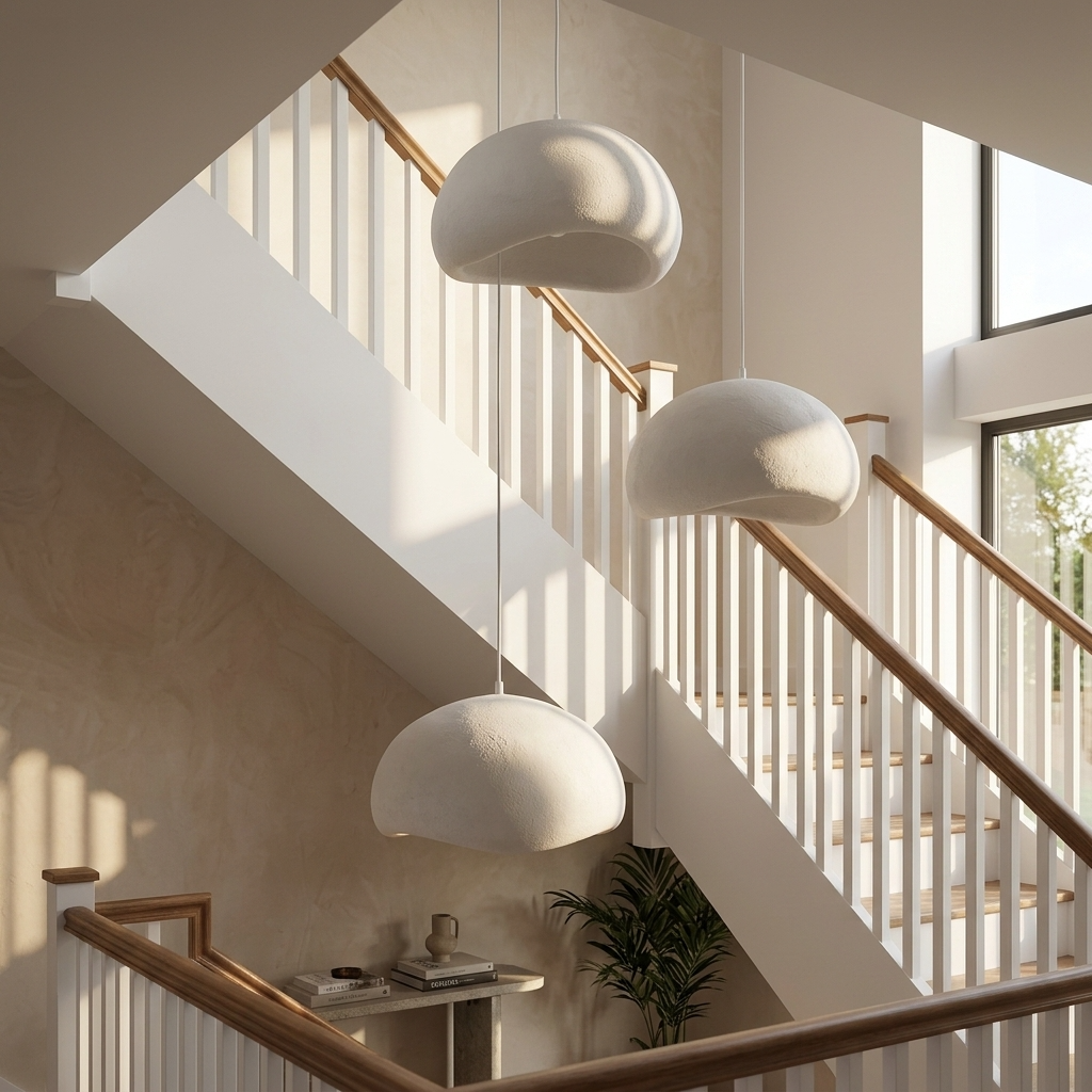 Cluster of white Wabi-Sabi resin pendant lights suspended elegantly over a modern wooden staircase