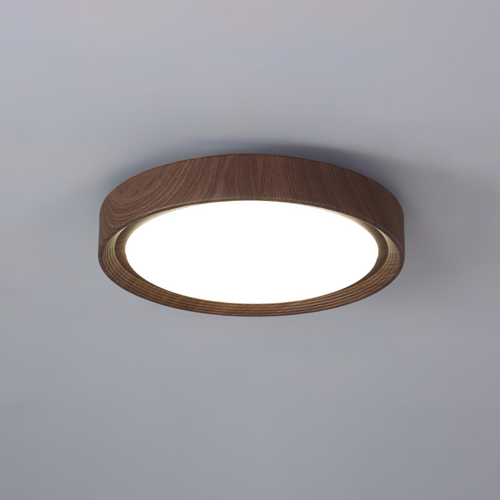 Front view of the straight edge walnut wood-effect LED ceiling light
