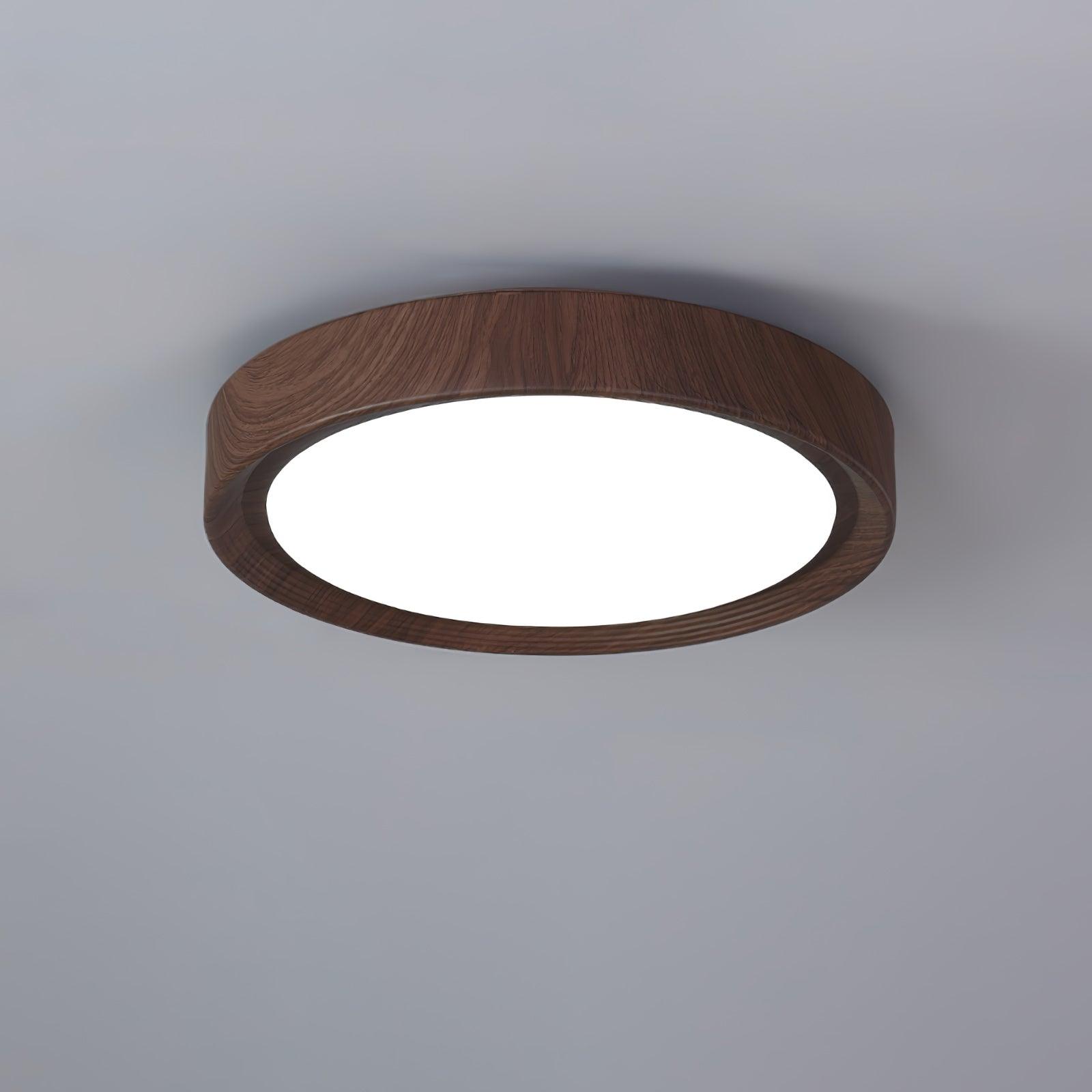 Angled view of the straight edge walnut wood-effect flush mount