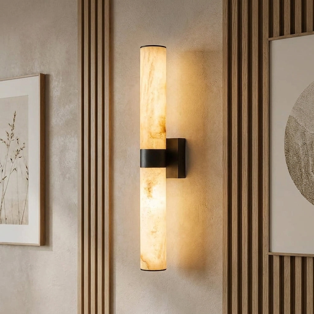 Subxo Black wall sconce mounted on a wood slat wall