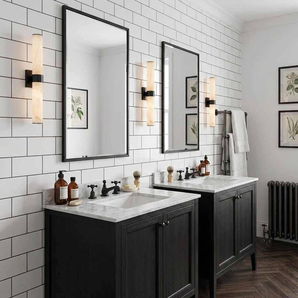 Subxo Black wall sconces next to mirrors in a double bathroom vanity