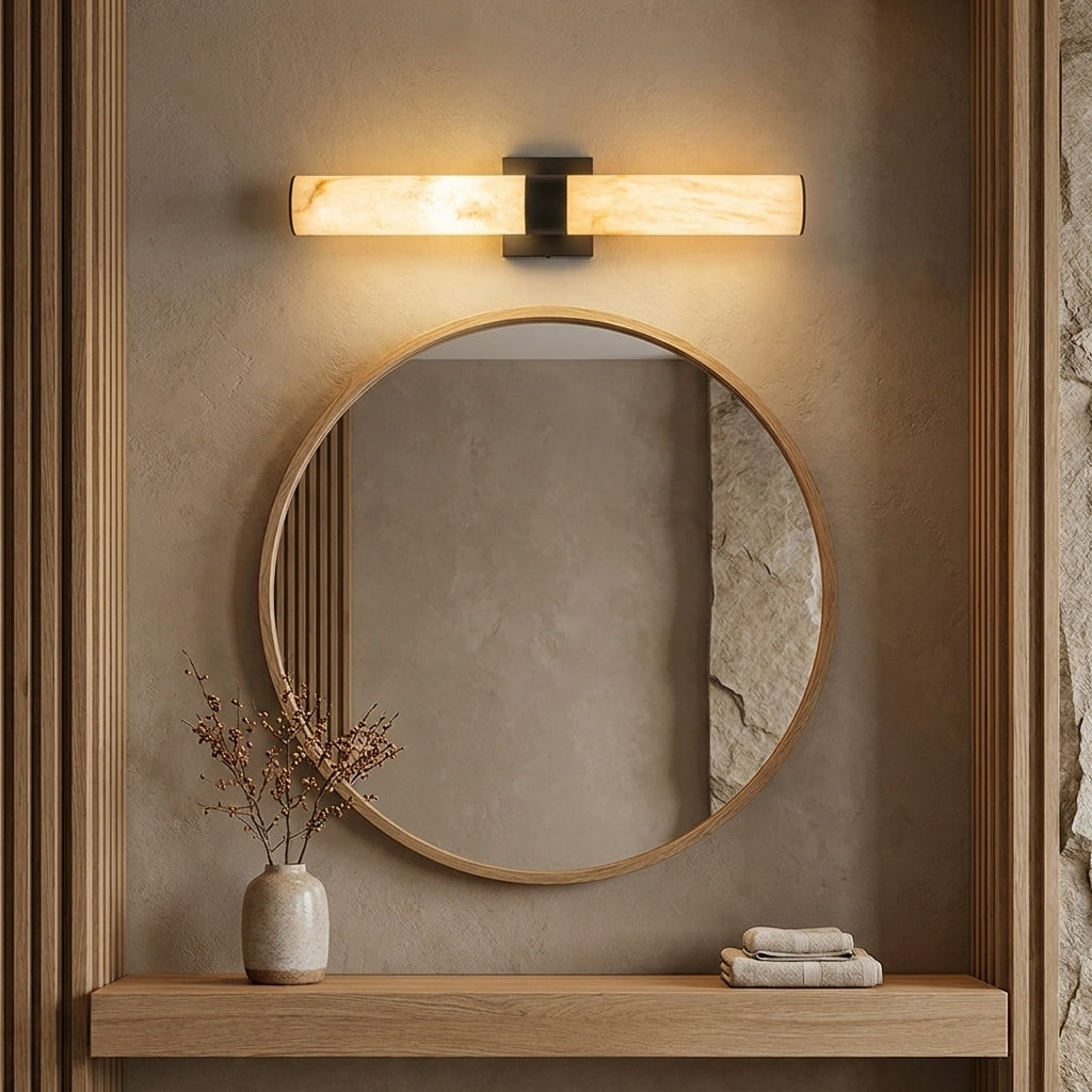 Subxo Black wall sconces flanking a round mirror