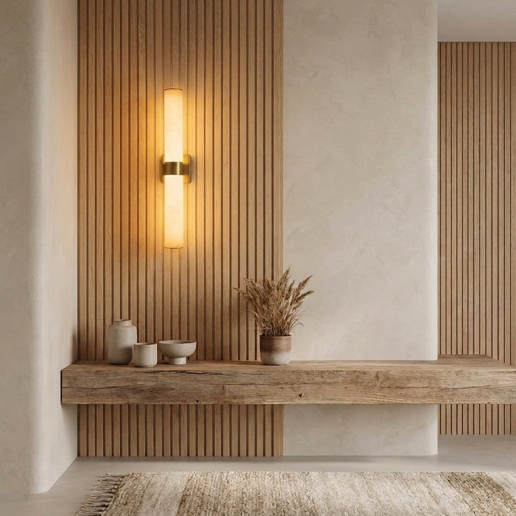 Subxo Brass wall sconce mounted above a console table beside a wood slat wall