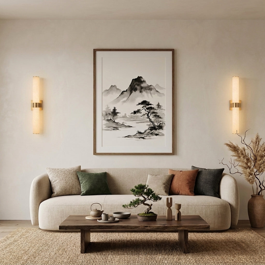 Subxo Brass wall sconce mounted beside framed wall art in a living room