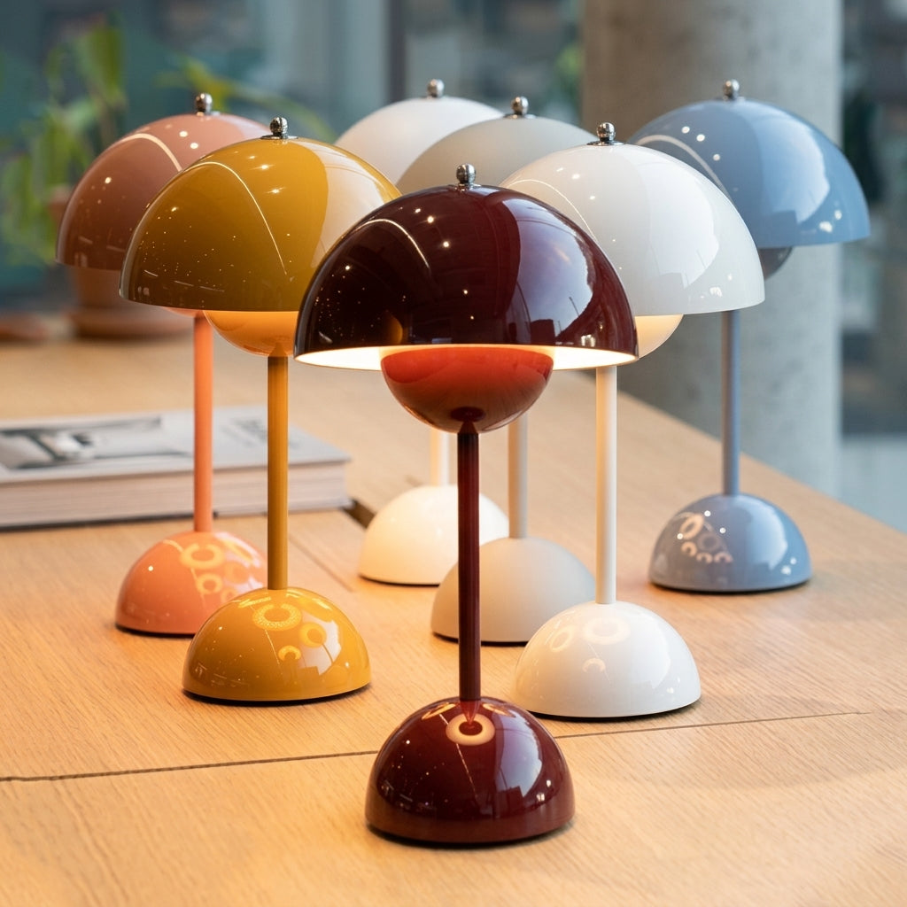 A group of sulba small mushroom-shaped table lamps in assorted glossy colors, including dark red, mustard yellow, white, pink, and light blue, arranged on a wooden tabletop.