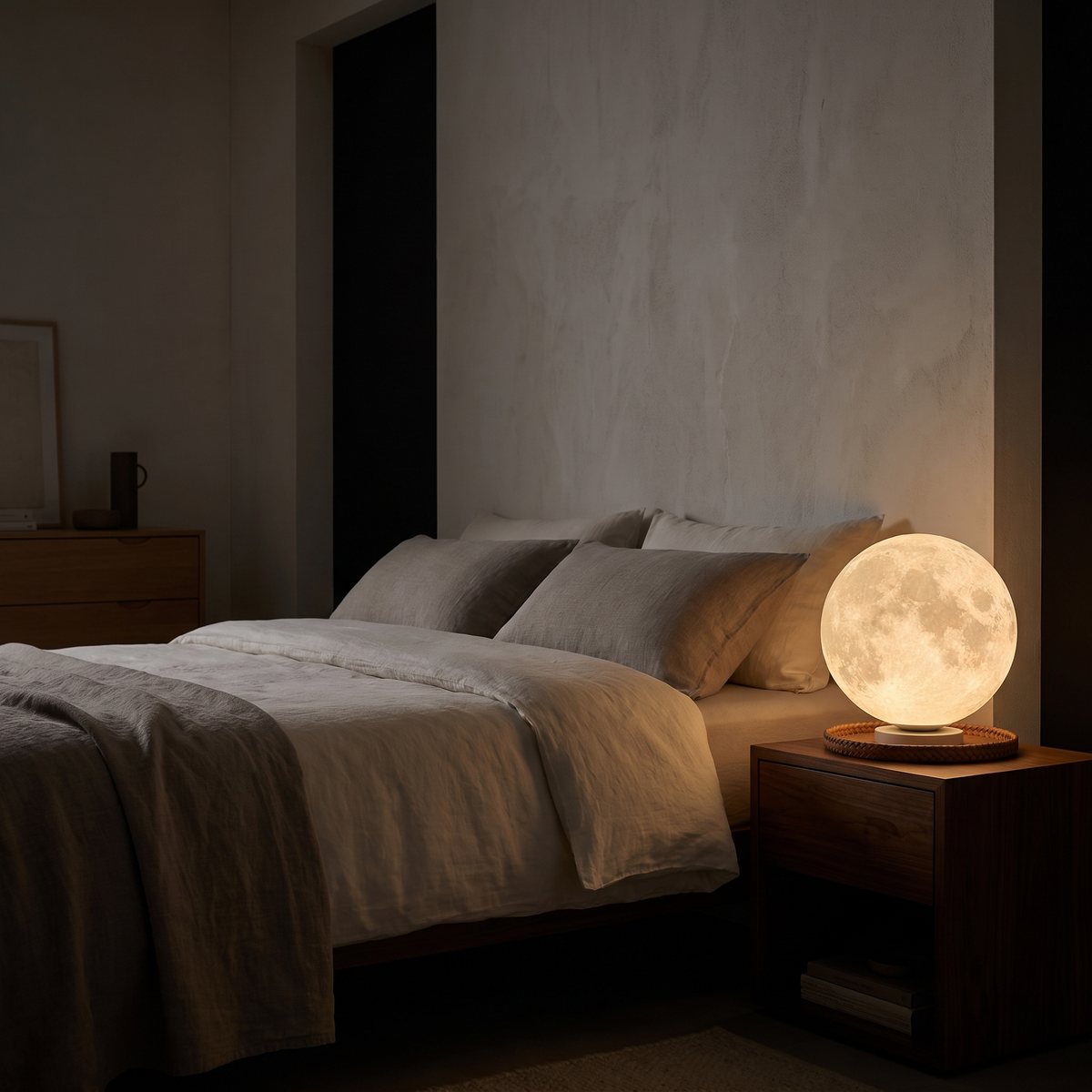 Tavlo moon lamp glowing on a bedside table in a modern British minimalist bedroom