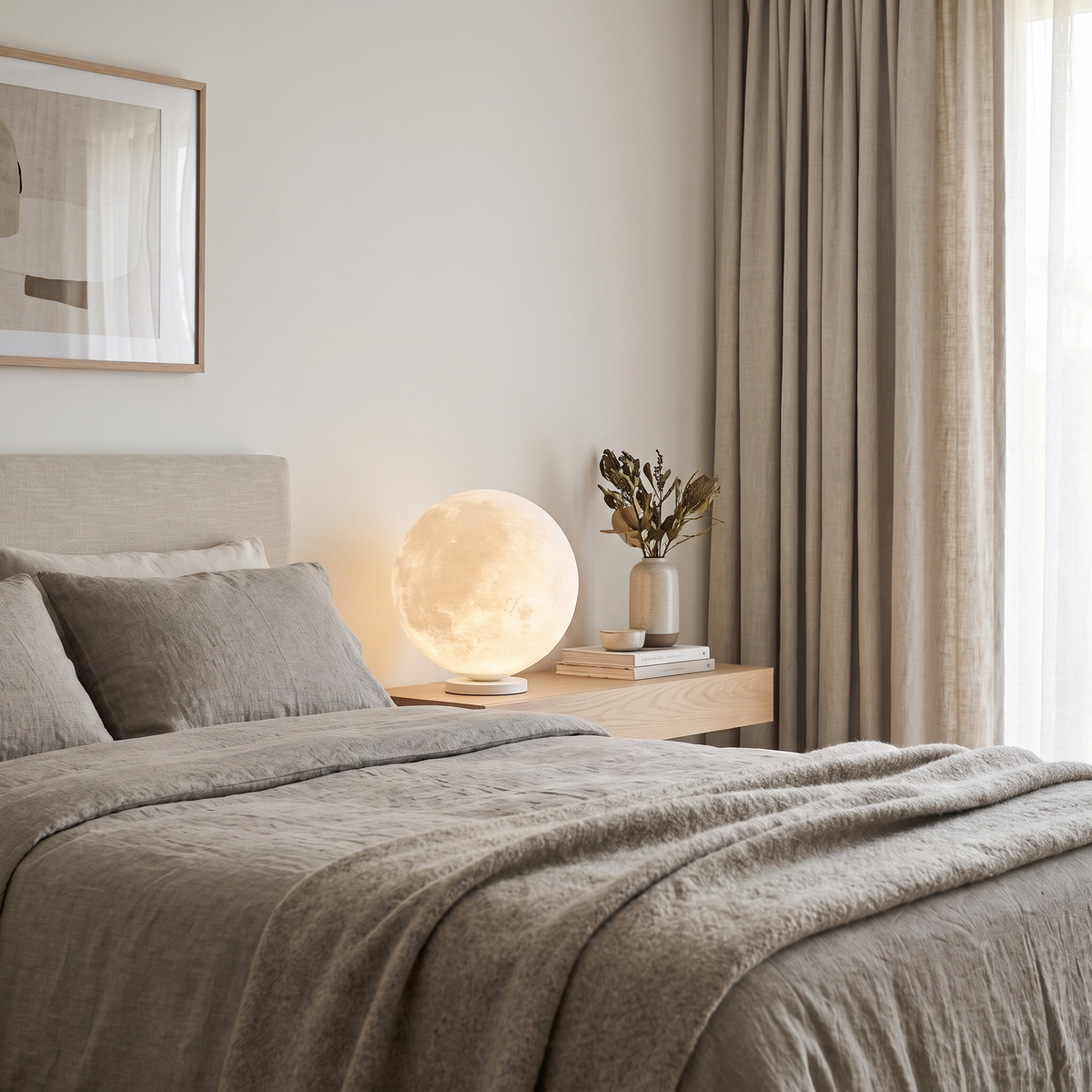 Tavlo moon lamp on a bedside cabinet in a modern British minimalist bedroom