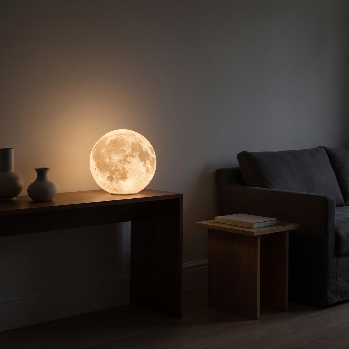 A glowing spherical lamp sits on a side table in a minimalist living room with a grey sofa, wooden coffee table