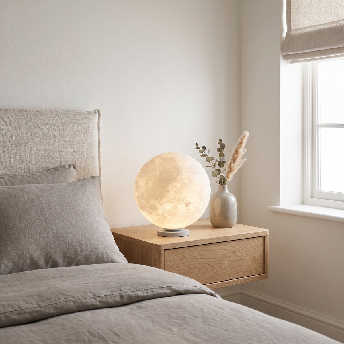 Tavlo moon lamp on an oak nightstand in a modern British minimalist bedroom
