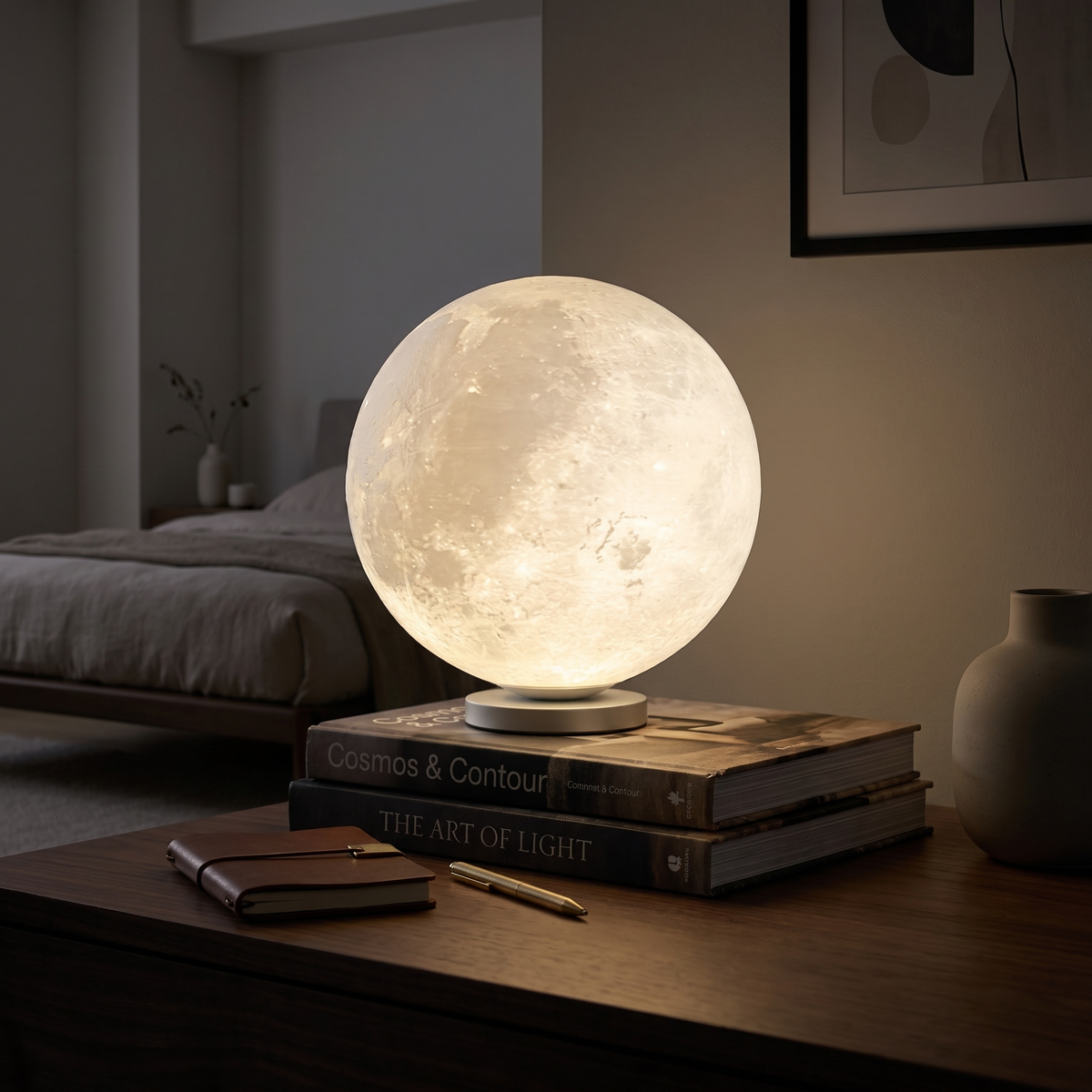 Tavlo moon lamp on a nightstand with books in a modern British minimalist bedroom