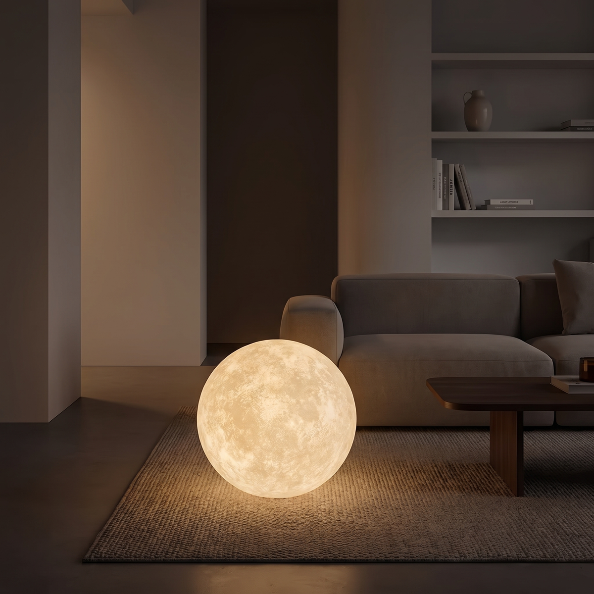 Tavlo moon lamp on the floor beside a sofa in a modern British minimalist living room