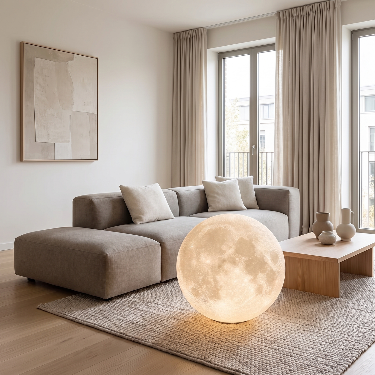 Tavlo moon lamp glowing on the floor in a modern British minimalist living room