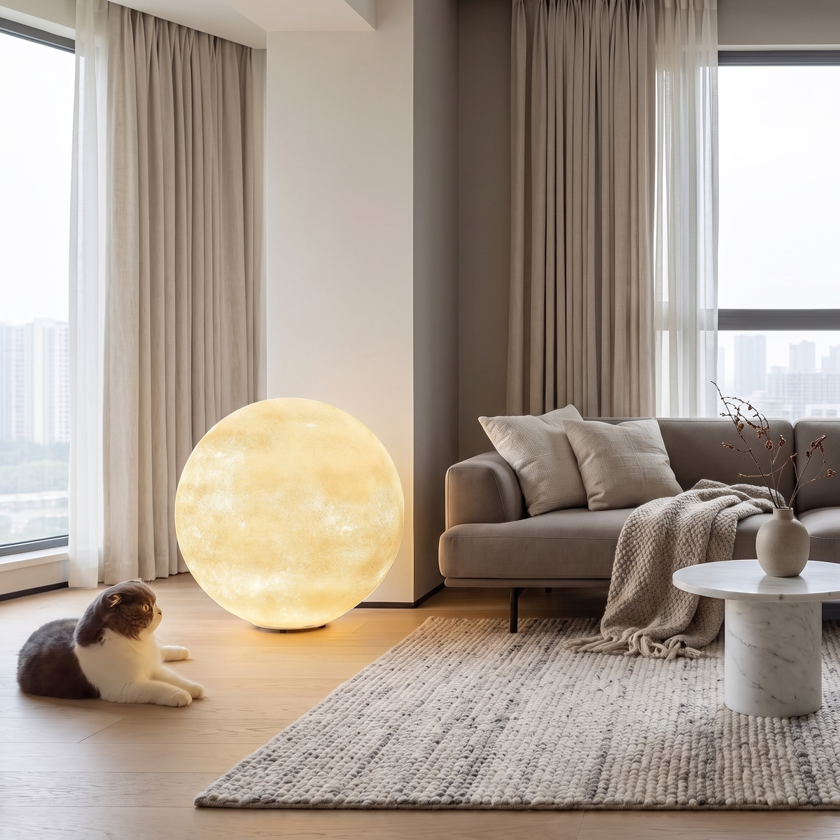 Tavlo moon lamp beside a window in a modern British minimalist living room
