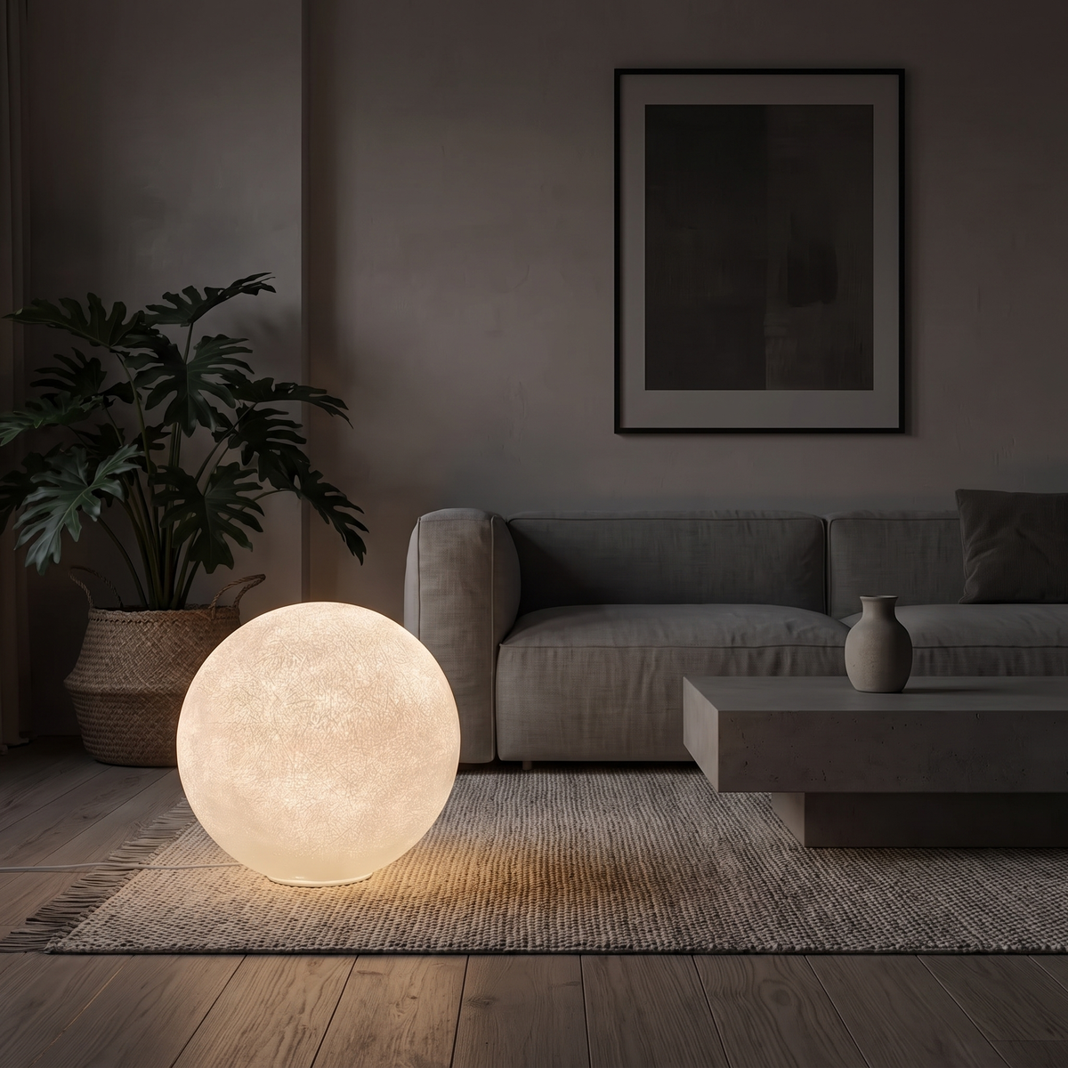 Tavlo moon lamp beside a potted plant in a modern British minimalist living room