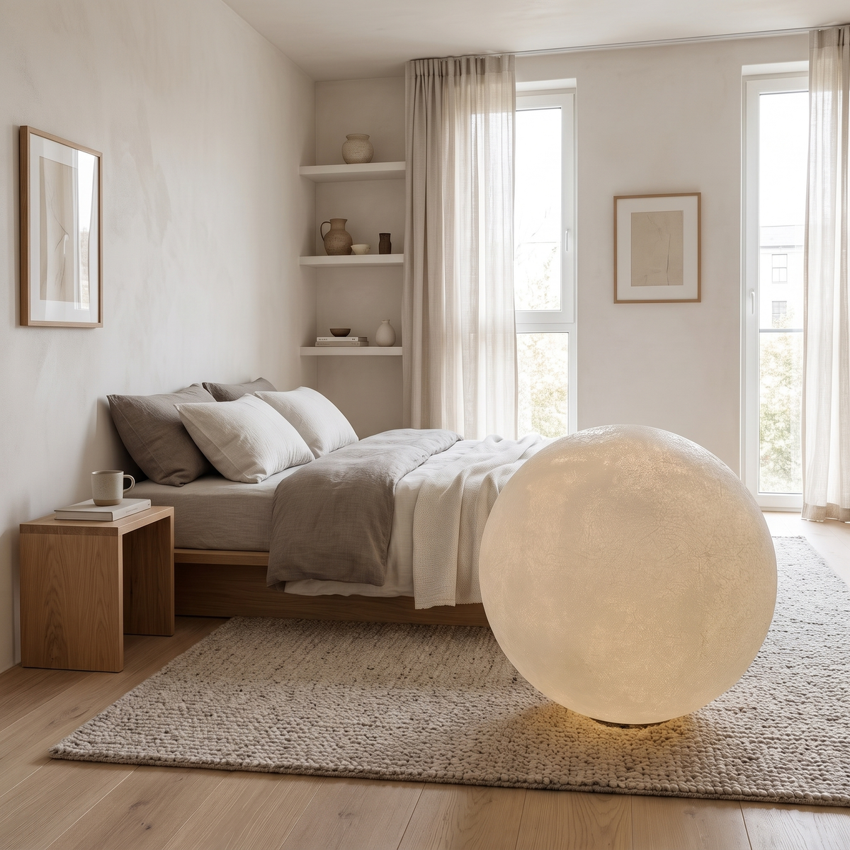 Tavlo moon lamp on a rug in a modern British minimalist bedroom
