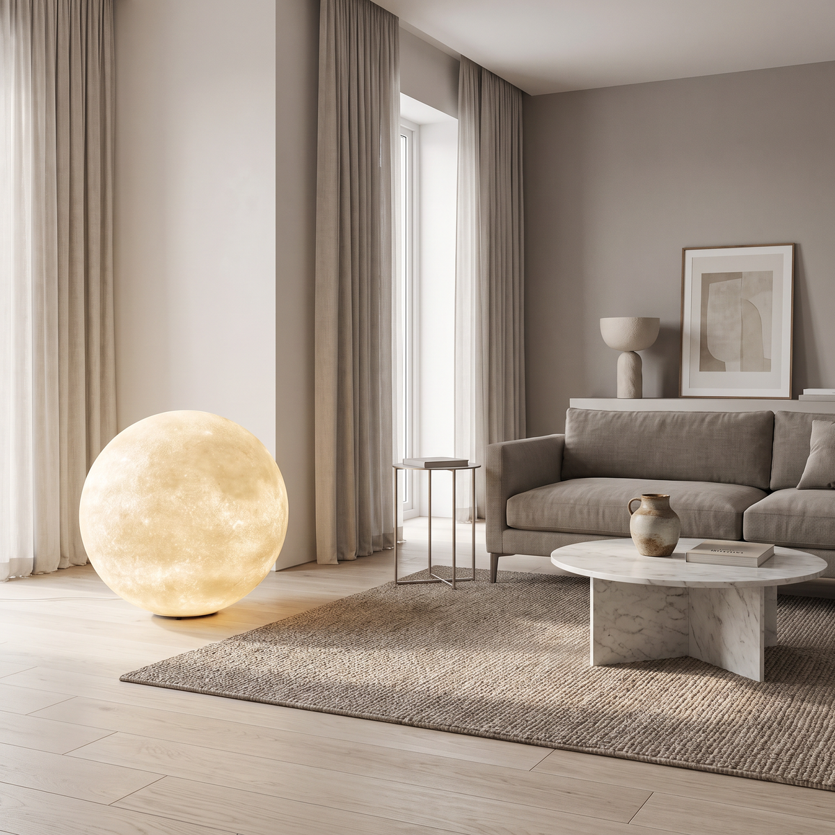 Tavlo moon lamp on the floor in a modern British minimalist living room with soft daylight