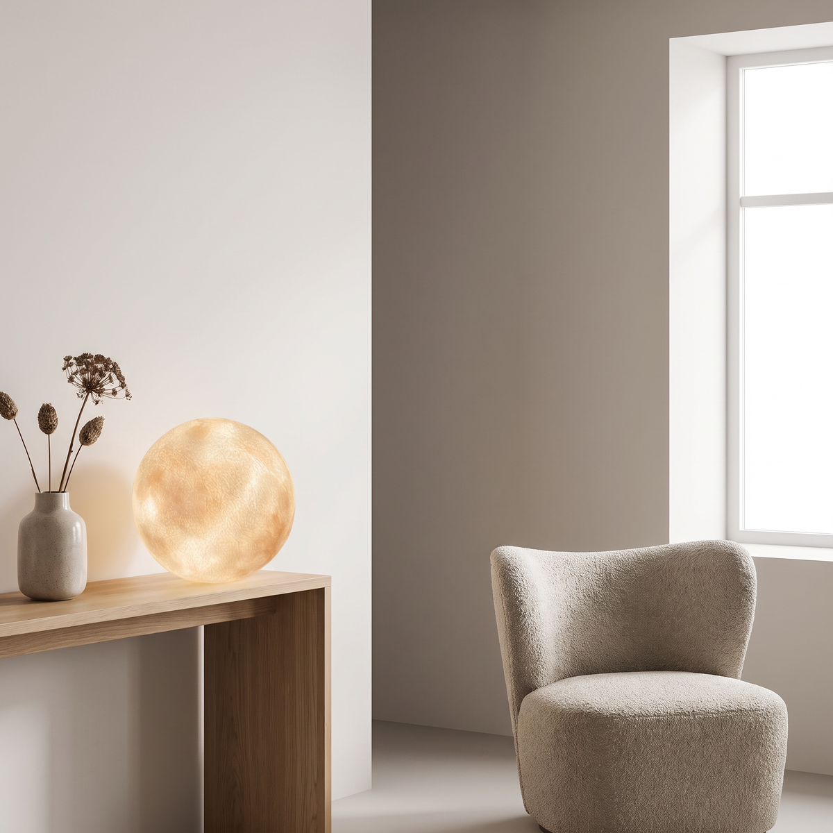 A warm glowing spherical table lamp sits on a light wood console table next to a textured beige armchair in a minimalist room with neutral walls and a bright window.