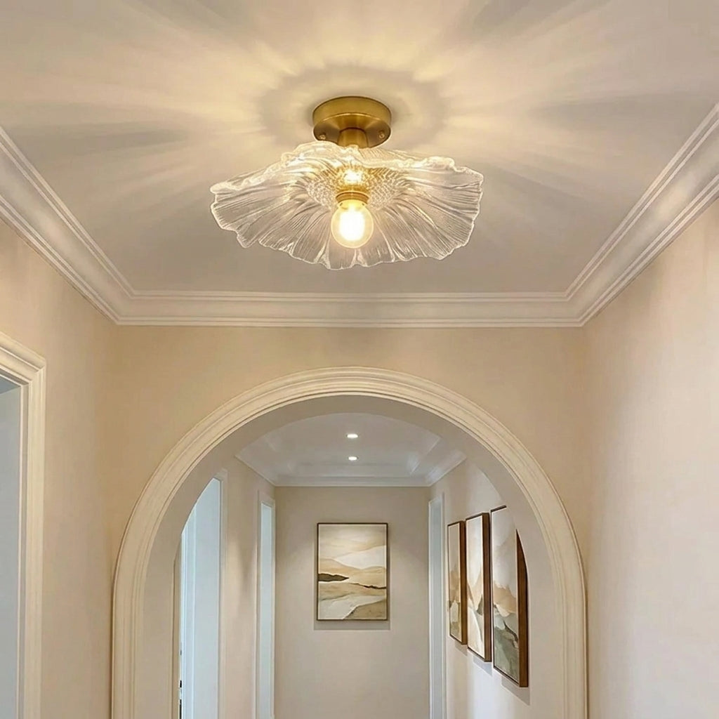 Tebzo Nordic flower ribbed glass flush mount ceiling light, hallway lifestyle photo