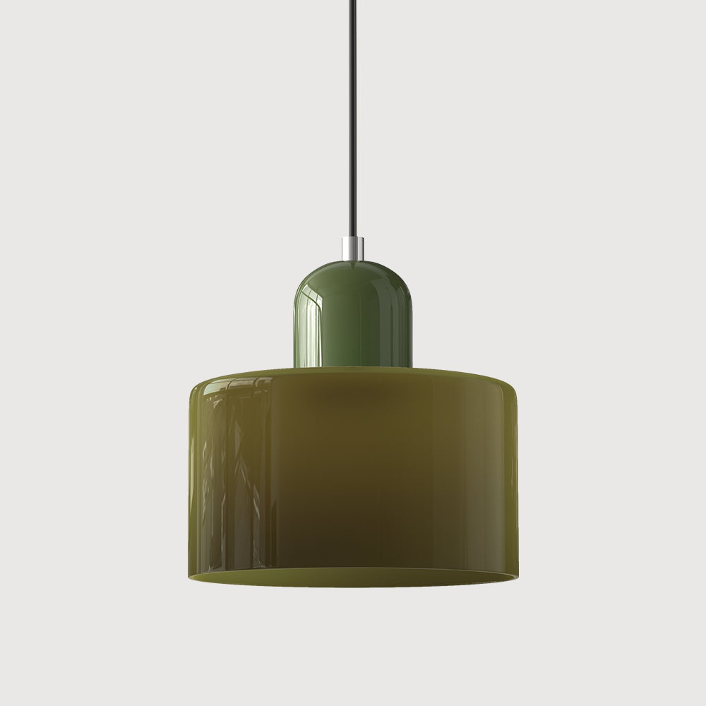 Modern Bauhaus colour-block tepa glass pendant light featuring a green base and glossy green shade