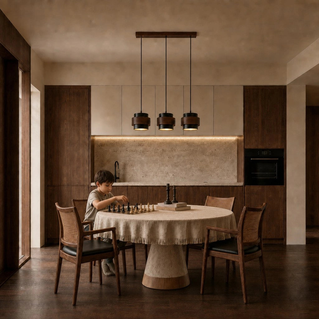 3-head dark wood and travertine pendant providing warm ambient lighting in a dining room