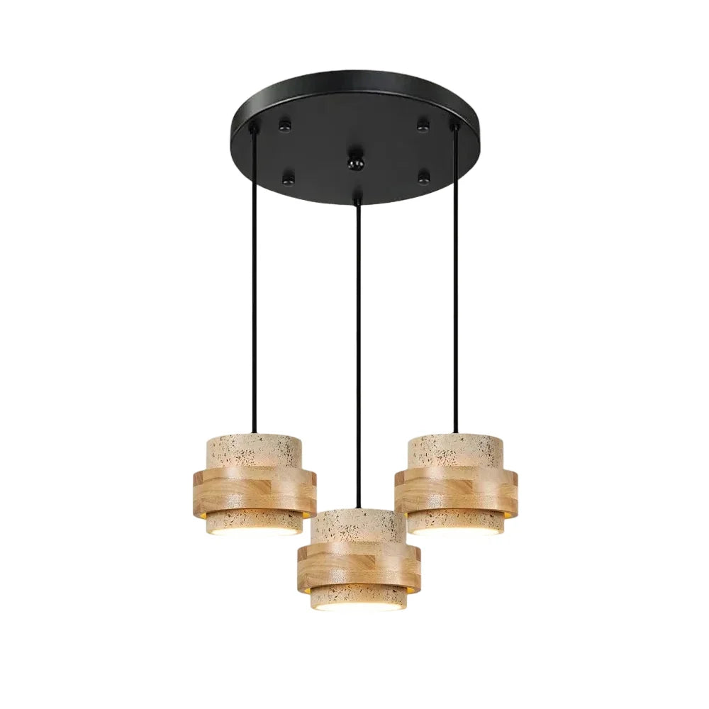 3-head round cluster natural wood and travertine pendant
