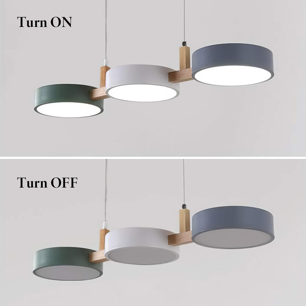 Comparison of the three-head wood and metal pendant light turned on and off