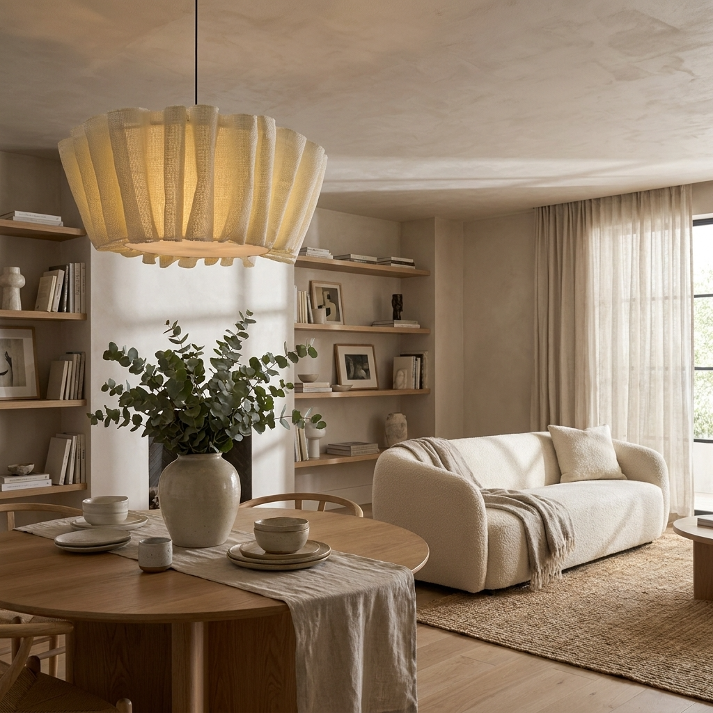 Tiered pleated fabric pendant light illuminating a minimalist dining area and wooden table