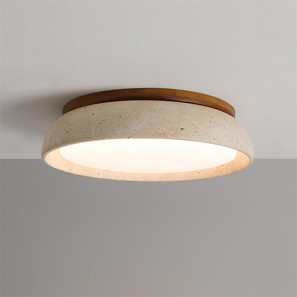 Right angled view of the minimalist travertine dome ceiling lamp