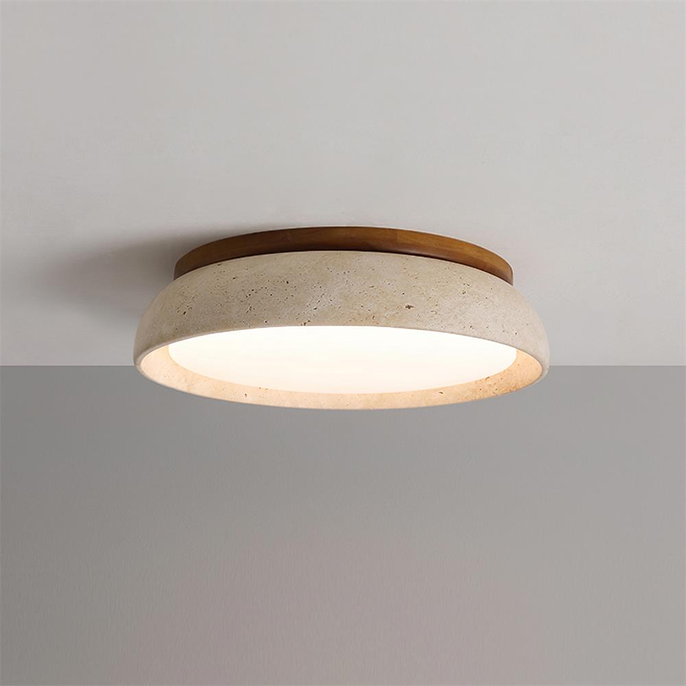 Left angled view of the glowing travertine stone LED flush mount