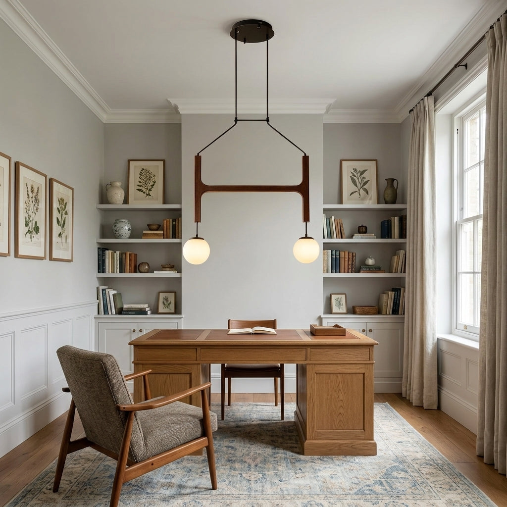 Tuntla 2-light solid wood chandelier with orb glass globes above a home office desk