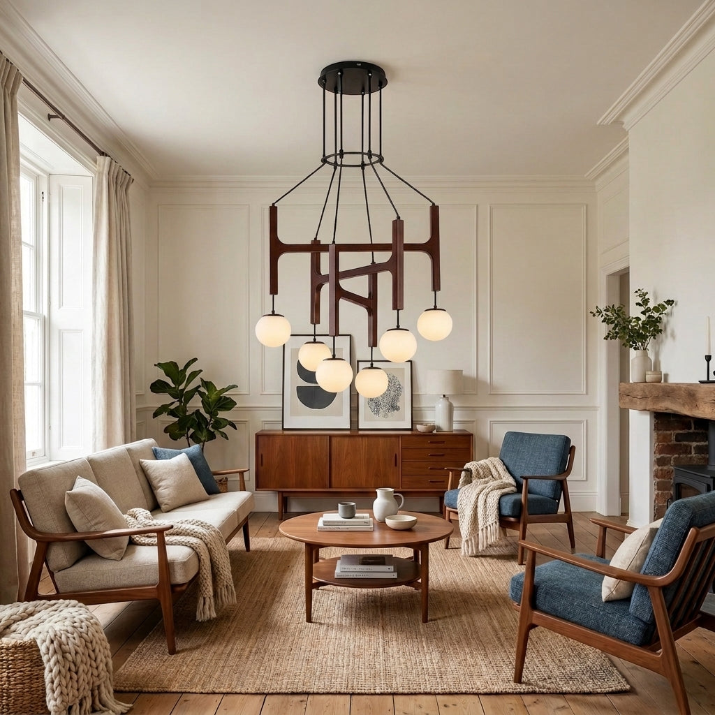 Tuntla 6-light three-tier wood chandelier with orb glass globes lit above a living room seating area with blue armchairs