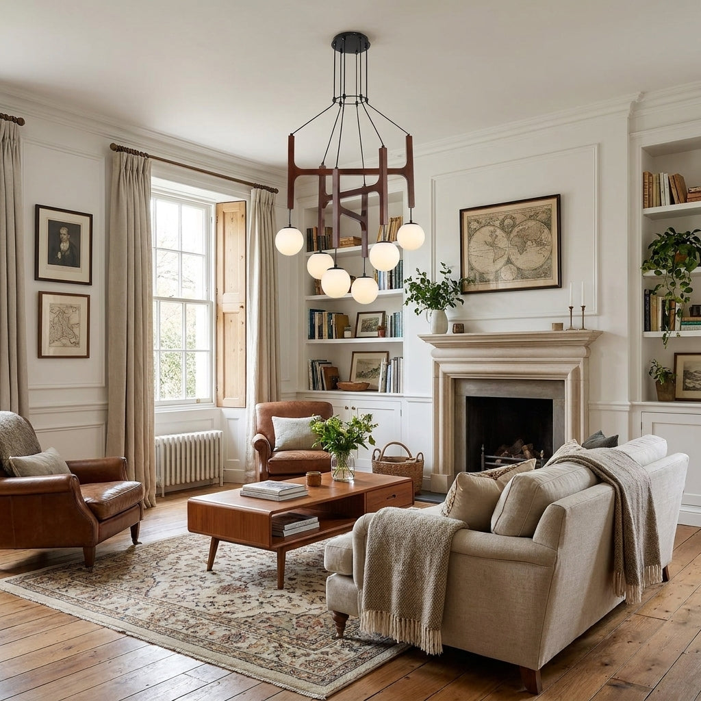 Tuntla 6-light three-tier wood chandelier with orb glass globes lit in a living room with a stone fireplace