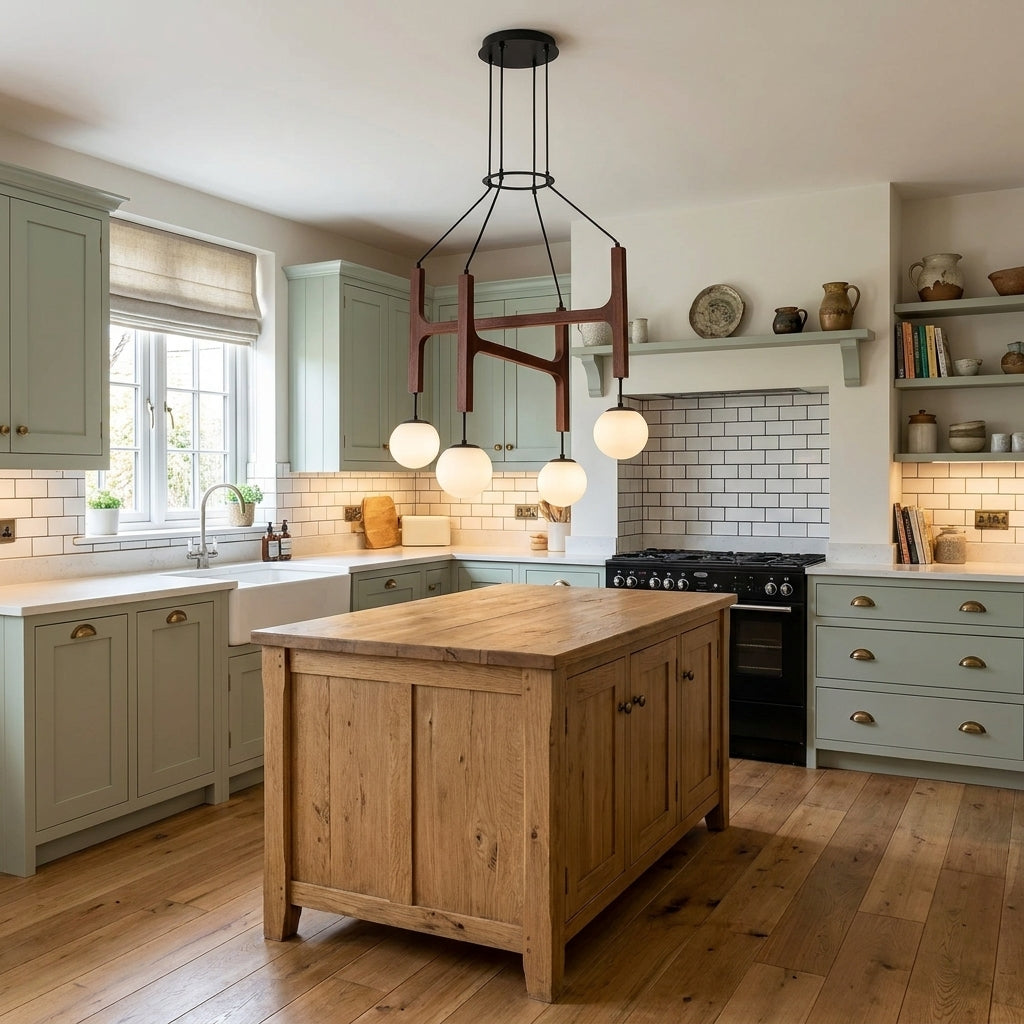 Tuntla branching wood chandelier with orb glass globes lit above a kitchen island