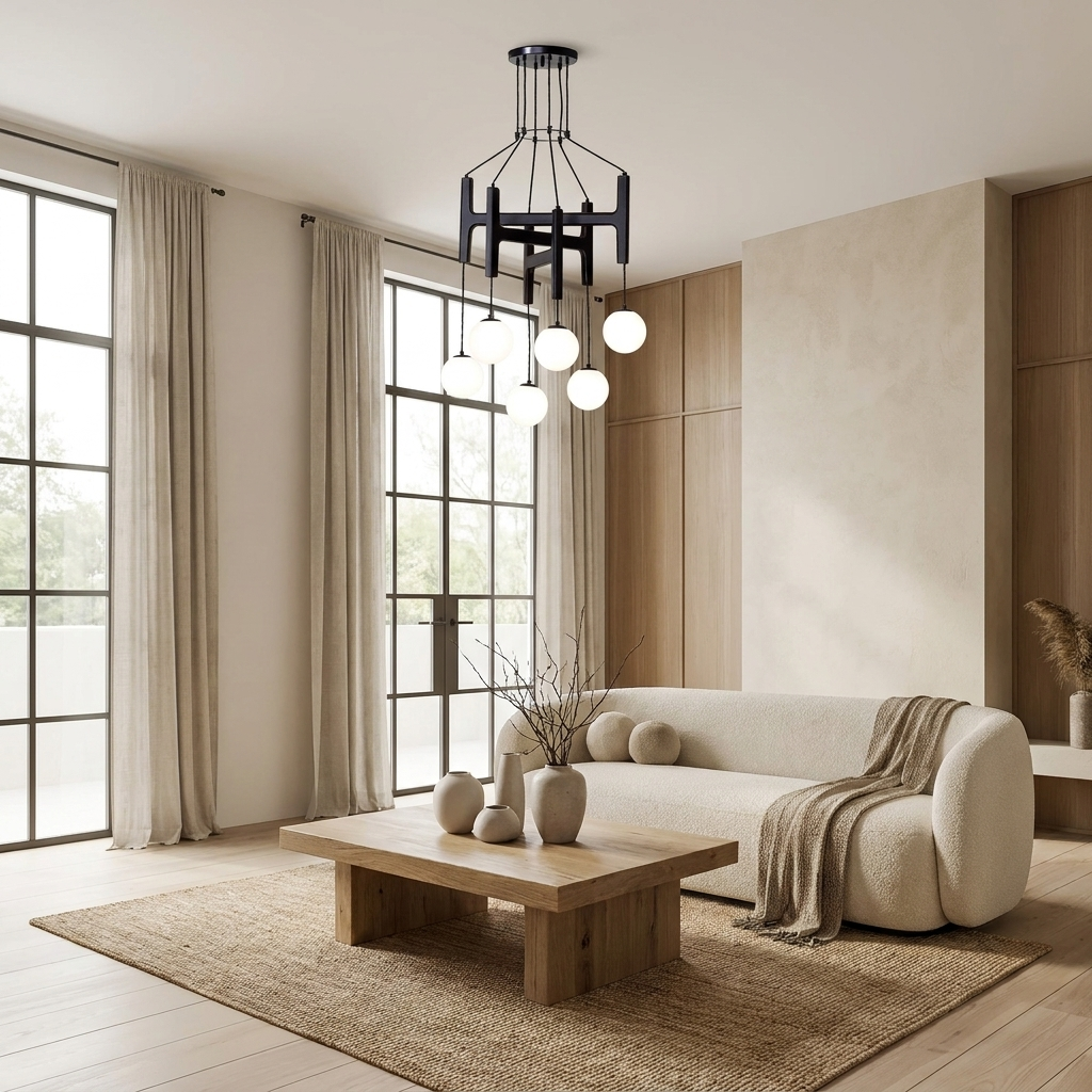Tuntla Scandinavian solid wood orb glass globe chandelier, lifestyle shot in a modern minimalist Japandi living room, black finish