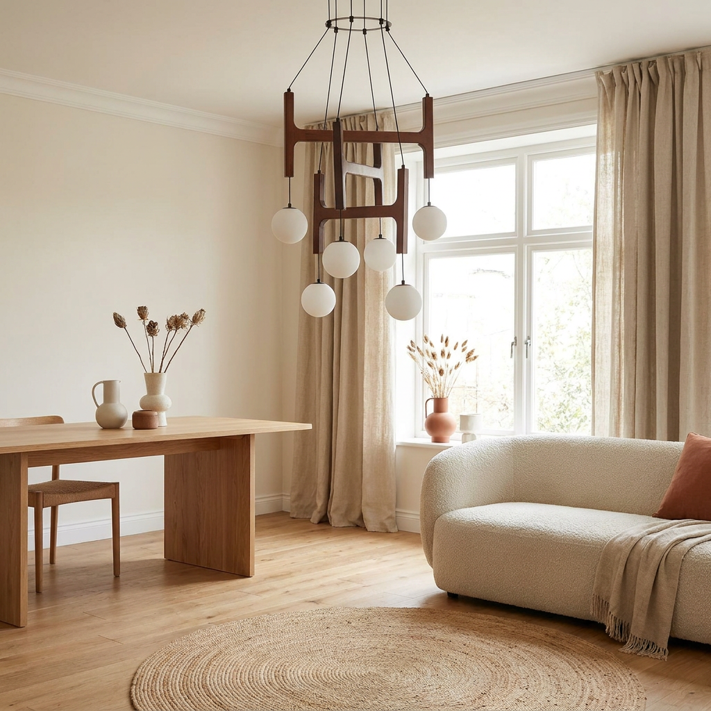 Tuntla Scandinavian solid wood orb glass globe chandelier, lifestyle shot in a modern minimalist Japandi living room, brown finish