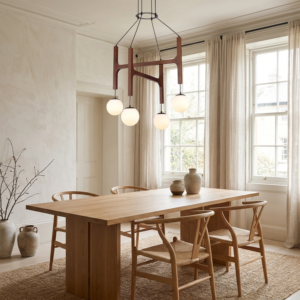 Tuntla Scandinavian solid wood orb glass globe chandelier, lifestyle shot above a dining table, brown finish