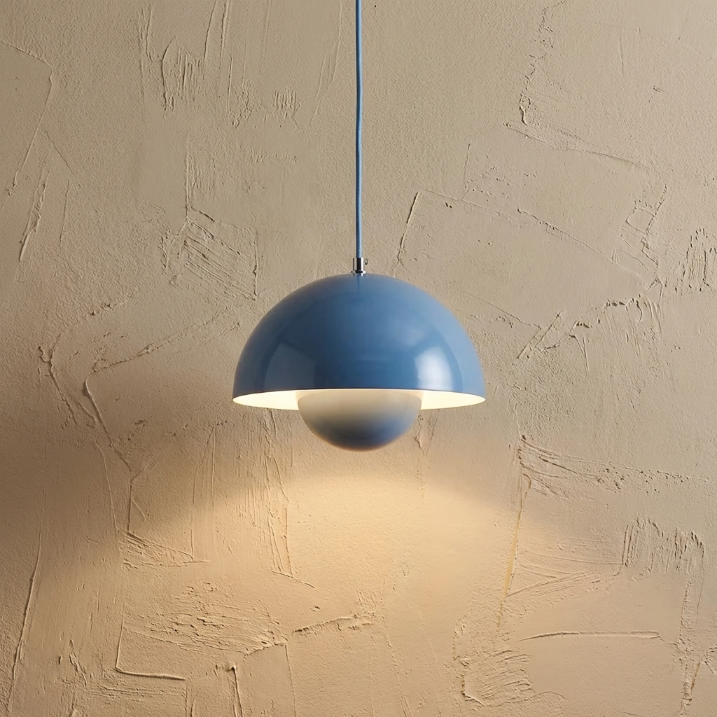Light blue mid-century modern tuska pendant light acting as a colourful, glare-free accent lamp