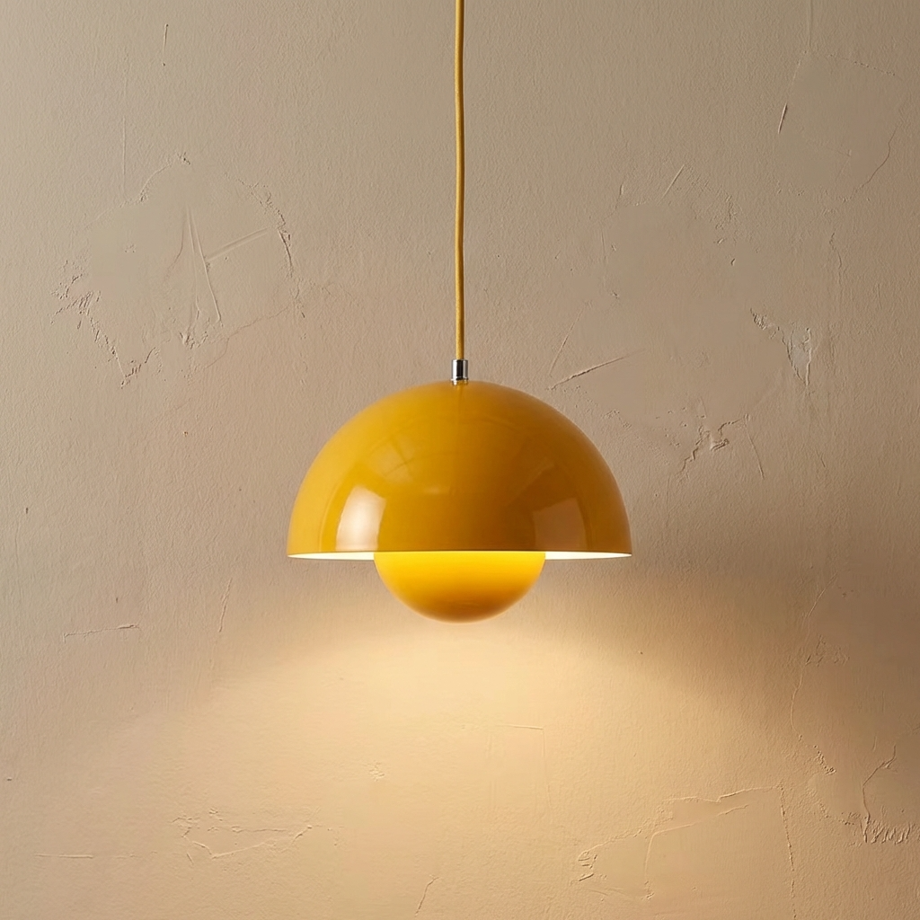 Vibrant yellow Space Age tuska pendant light, perfect for adding a pop of colour to kitchen islands
