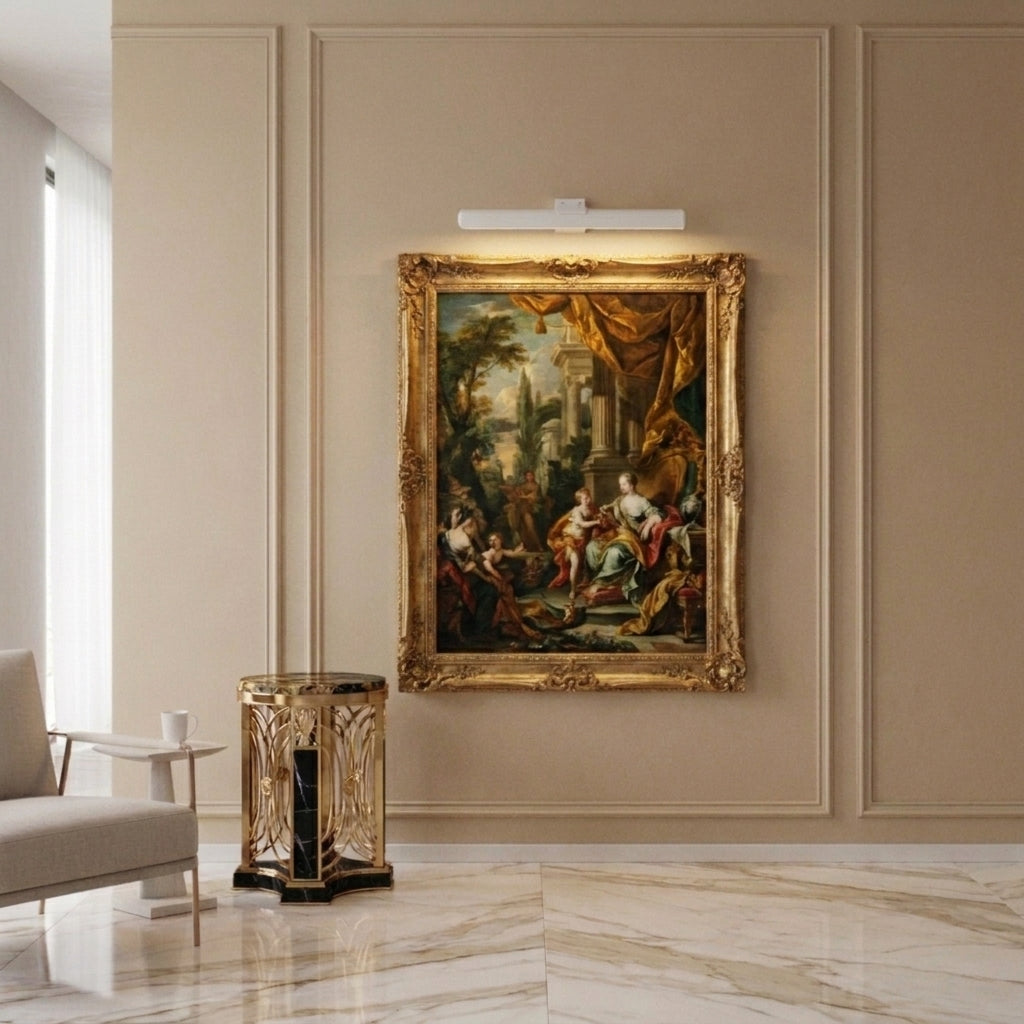 Tuvqi white wireless picture light illuminating an ornate framed painting in a luxury interior