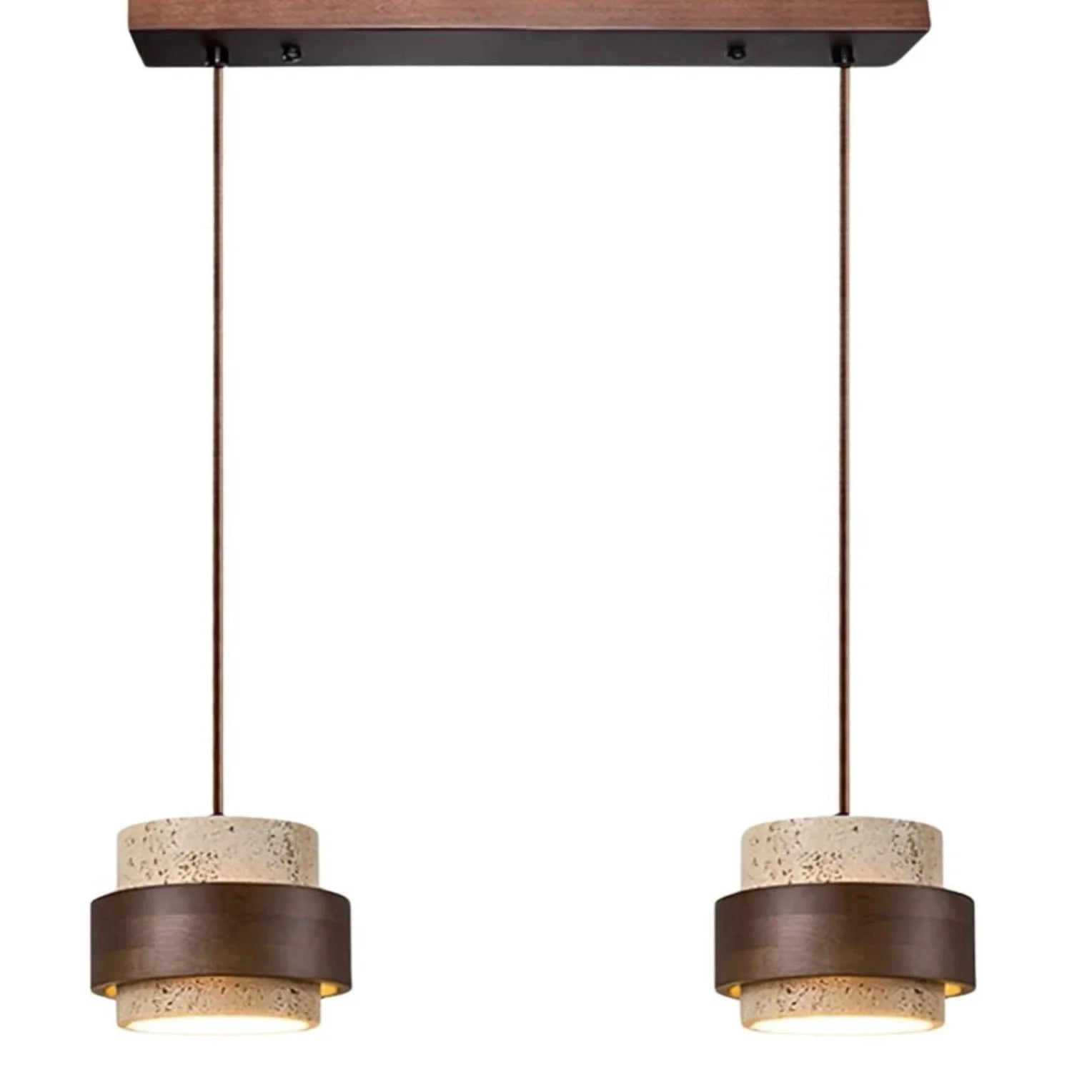 2-head linear travertine island light with dark wood bands isolated on white