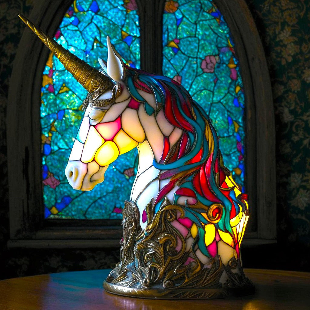  unicorn table lamp with a glowing golden horn and majestic mane