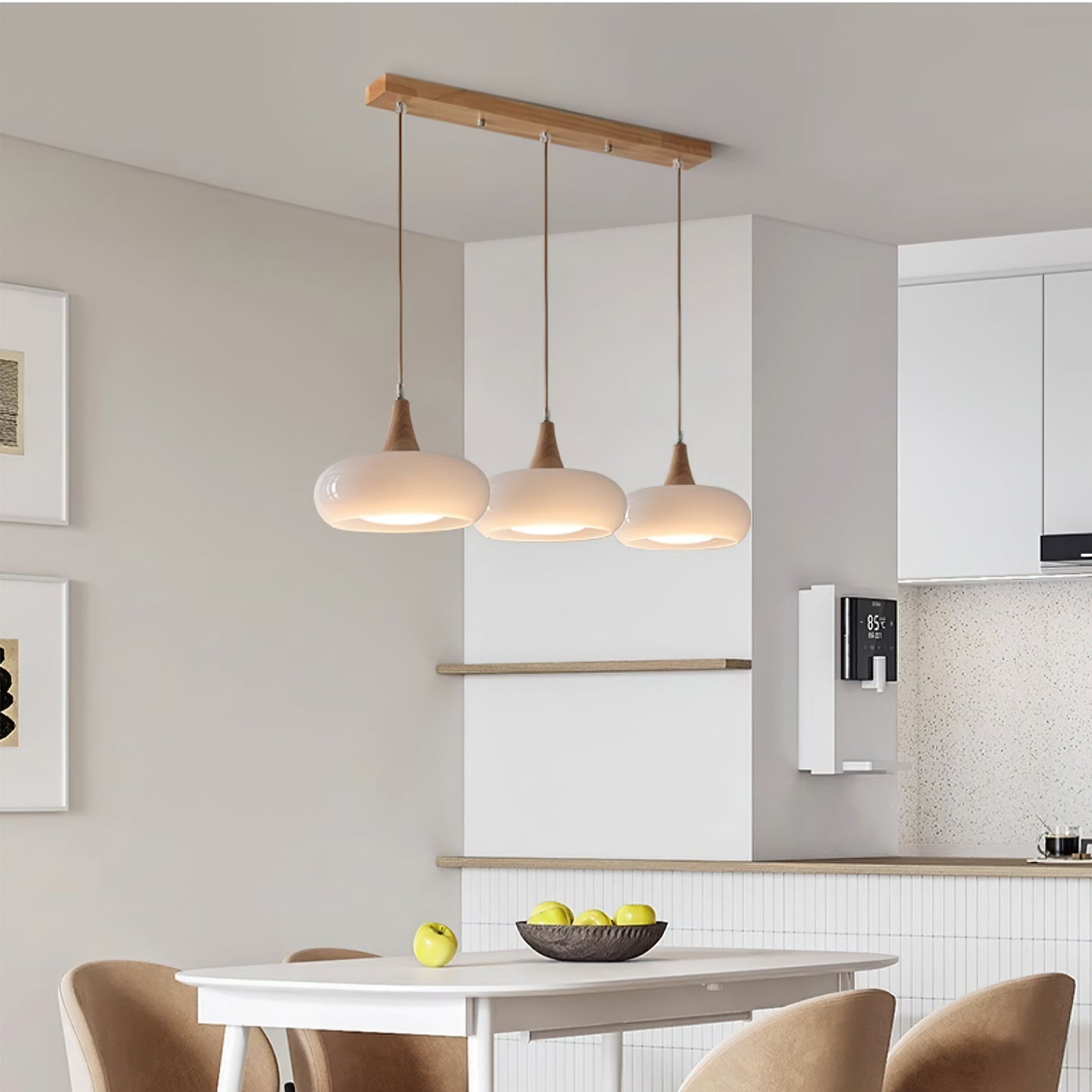 3-head white linear glass utul pendant chandelier illuminating a modern kitchen island and dining table