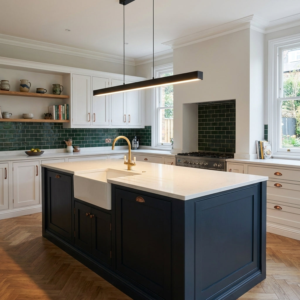 Uvza linear pendant light hanging above a kitchen island and green tiles on walls