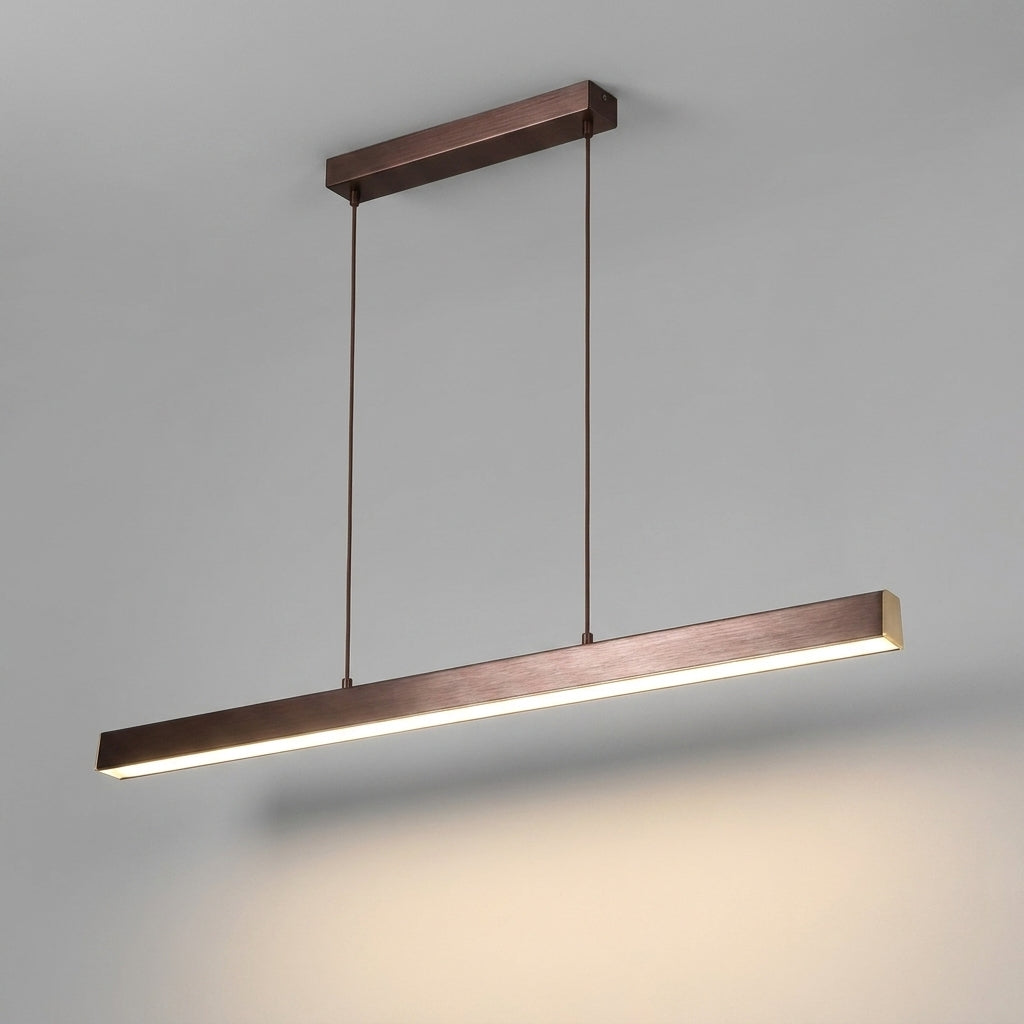 Uvza linear pendant light illuminated, brown wood tone finish hanging on the ceiling