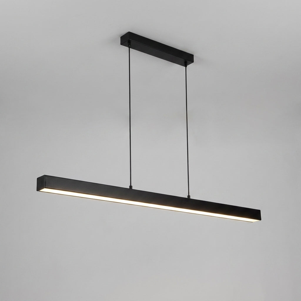 Uvza black linear metal pendant light hanging on a wall with adjustable suspension cords