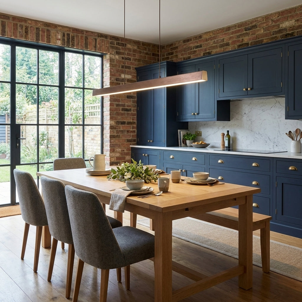 Uvza linear pendant light hanging above a wooden dining table in a room with exposed brick and tall windows